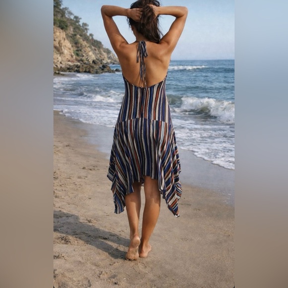 Striped Halter Handkerchief Hem Maxi Dress - Blue Multi - Picture 2 of 2